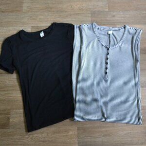 Old Navy Set of 2 Black Ribbed Dress and Black White Striped Ribbed Dress Sz Sm